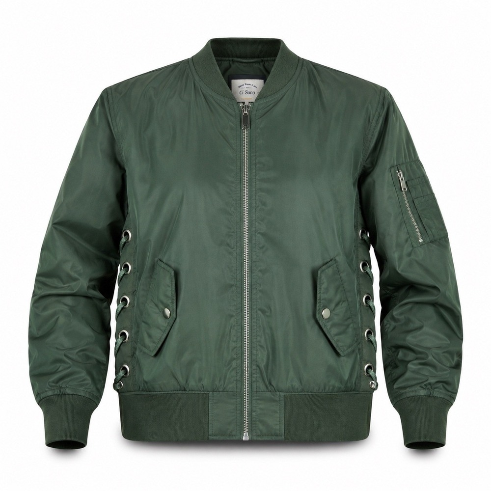 Ci Sono Womens Bomber Jacket L Olive Lace Up Grommet Side Utility Streetwear